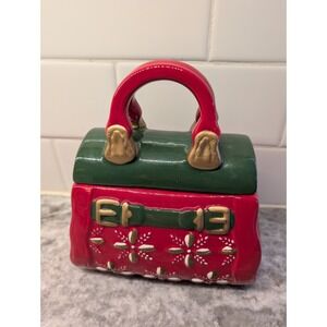 VTG Christmas/Holiday Purse Cookie Jar by David's Cookies Red Green & Gold
